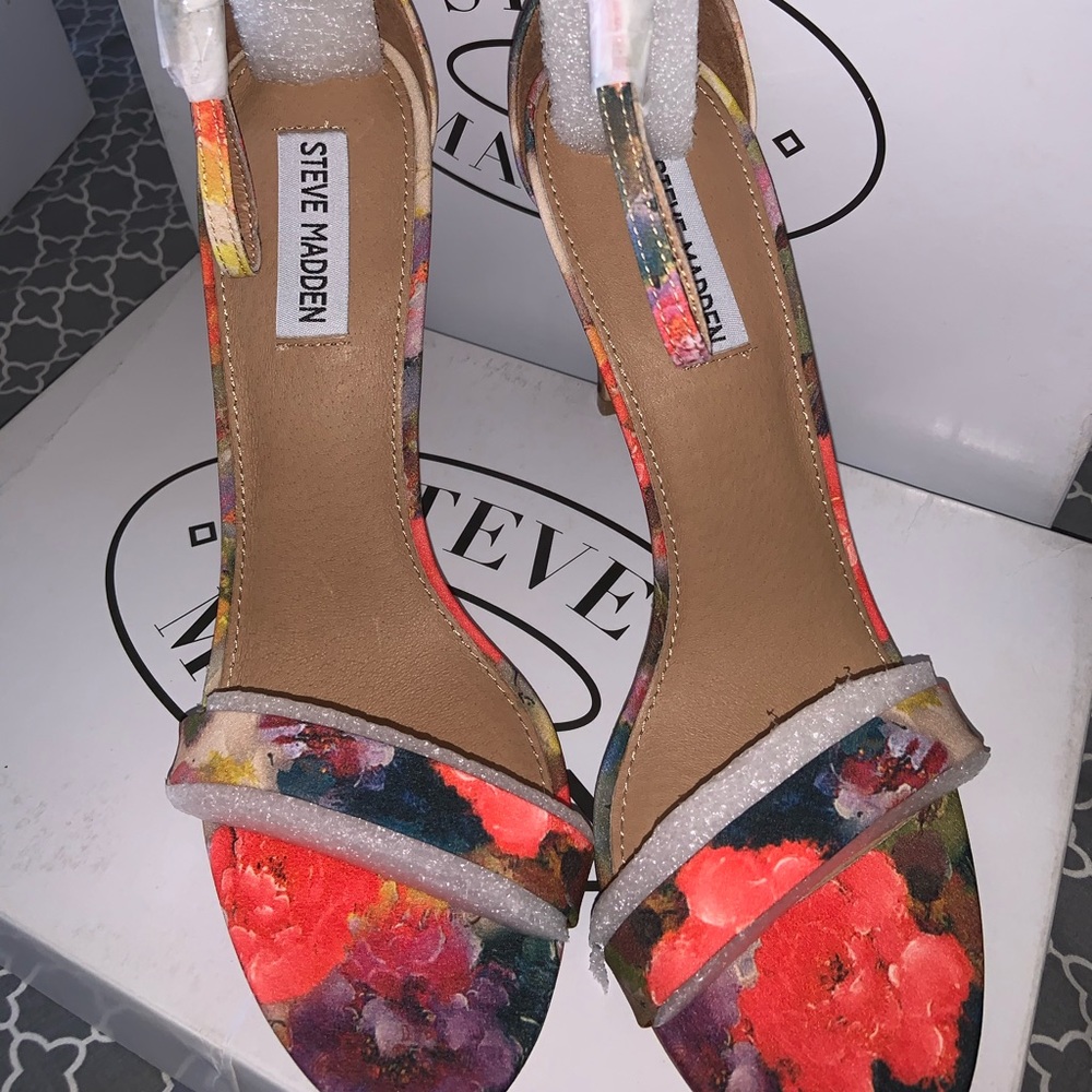 Steve Madden Stecy Floral Coral Ankle Strap Heels